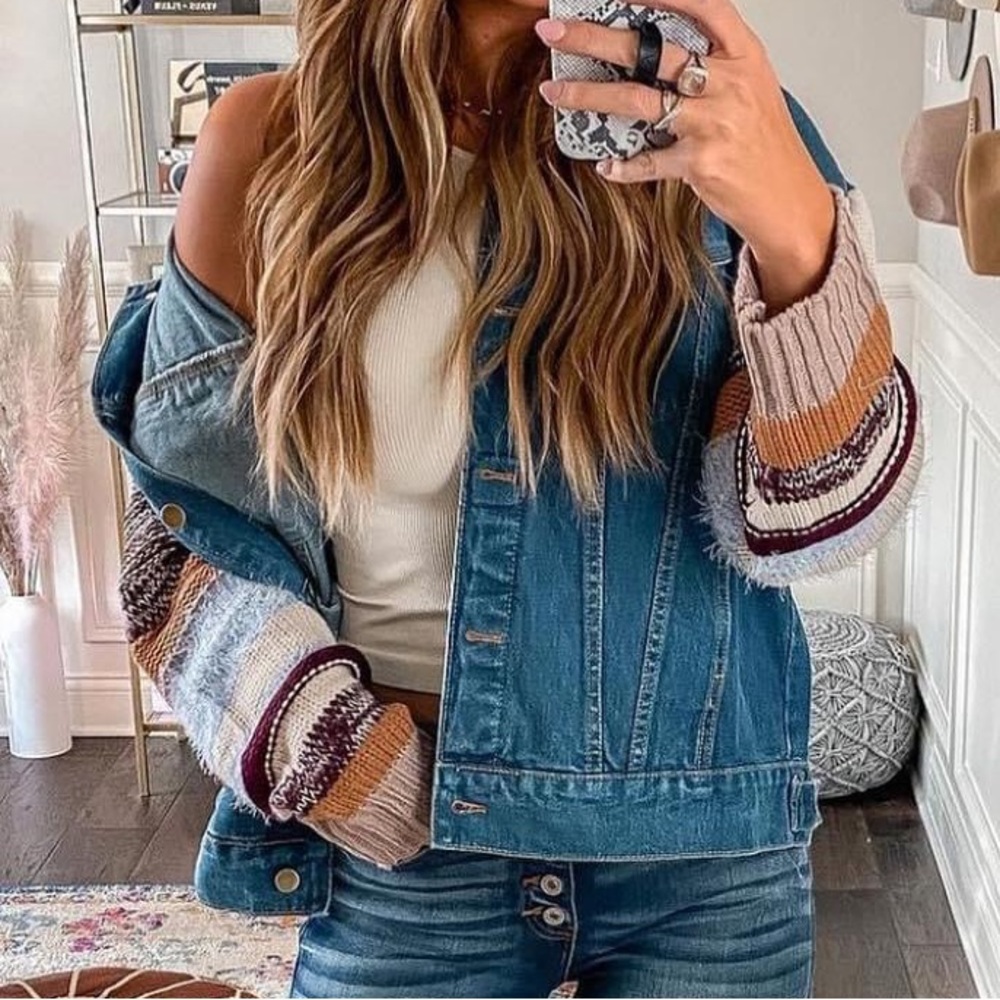 NWT FATE ROCKIE POCKETED KNIT 🧶 SLEEVE DENIM JACKET, Sz.S, BNWTIB